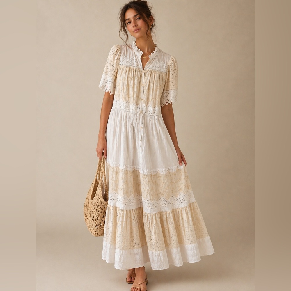 La Vie Rebecca Taylor White Lace Eyelet Embroidered Dress